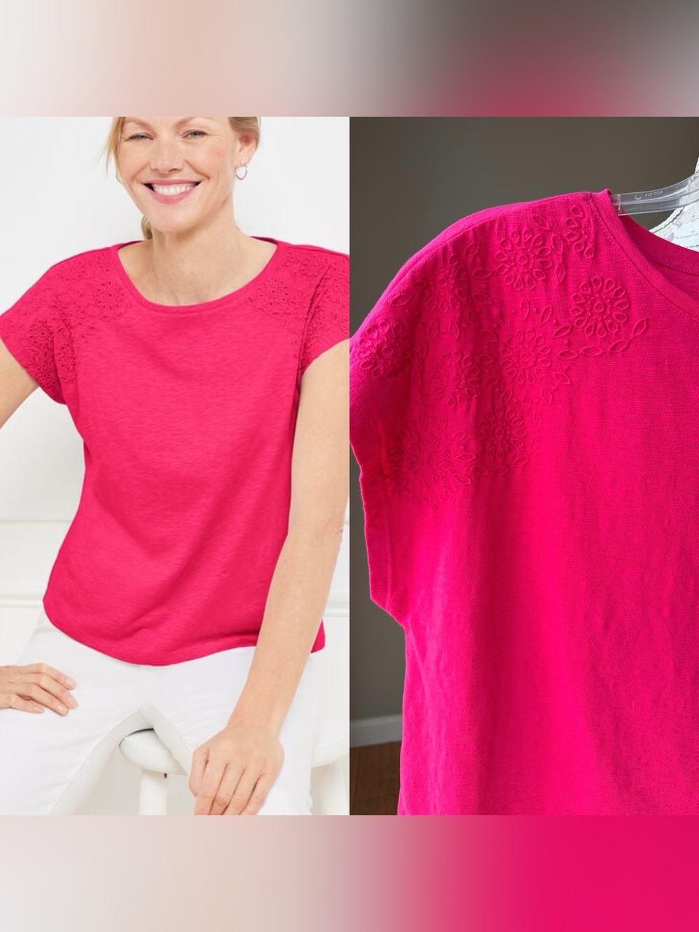 Talbots Embroidered Dropped Shoulder Tee Short Sleeve Top